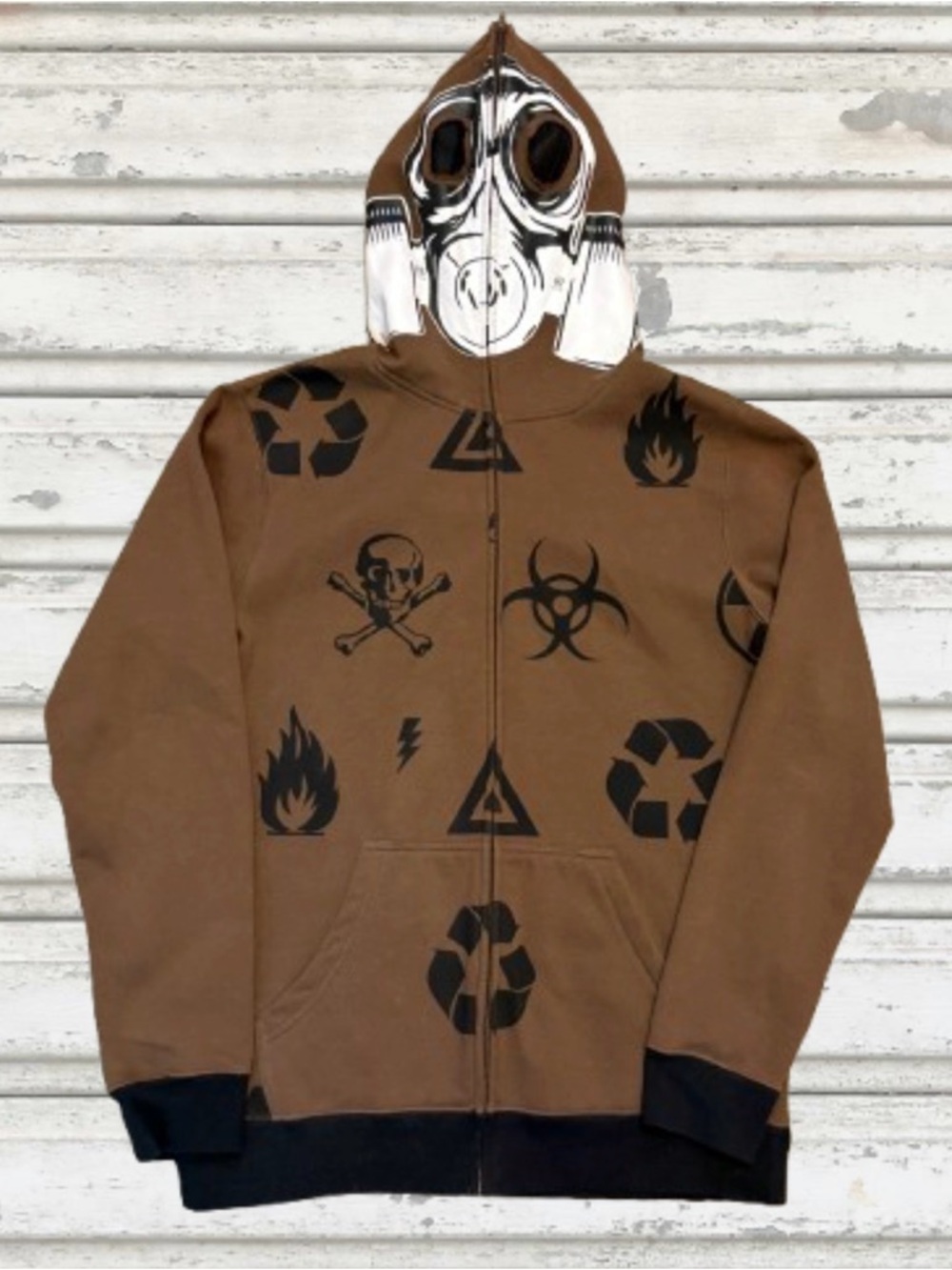 Power of Art Brown Zip-Up Hoodie with Graphic Hazard Icons